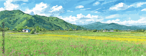 Charming vector illustration depicting a serene rural landscape with lush green mountains, vast flowering fields, and a bright blue sky.