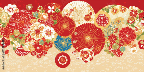 Vibrant vector Japanese floral pattern with traditional fan shapes and intricate gold accents, creating an elegant decorative border.