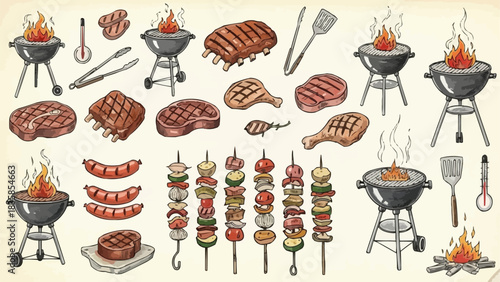 Delicious Barbecue Feast with Grills, Meats, and Skewers.