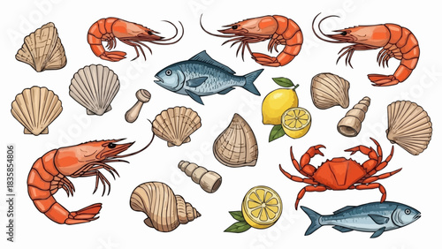 Assortment of Fresh Seafood and Shellfish with Lemons.