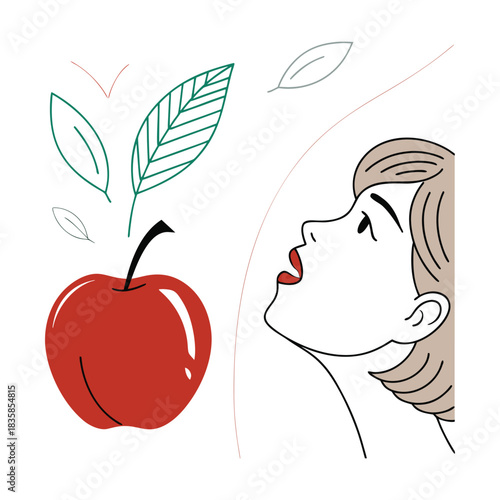 Pop art style illustration of a woman looking up with desire at a floating red apple with green leaves, isolated on