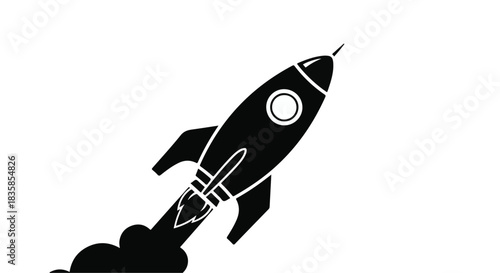 Sleek rocket blasting off with fiery exhaust against a clean white background