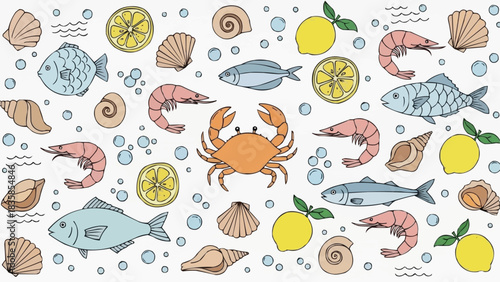 Seafood illustration featuring crab shrimp fish lemon and shells.