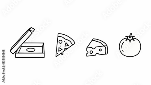 Pizza box, slice, cheese, and tomato line art illustration.