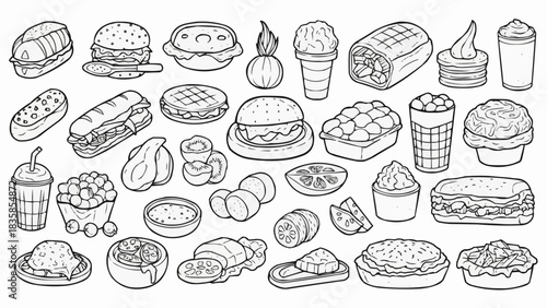 Hand Drawn Doodle Collection of Fast Food and Desserts.