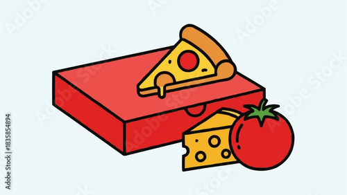 Pizza slice on box with tomato and cheese, delicious food concept.