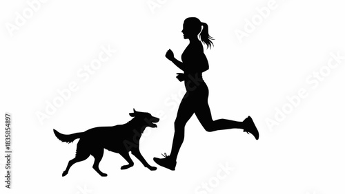 Silhouette of a woman and her dog jogging together for exercise.