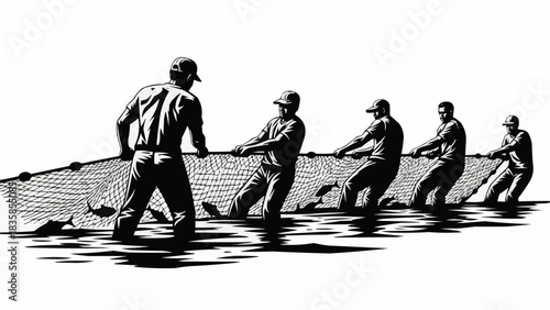 Vintage black and white illustration of fishermen pulling a net.