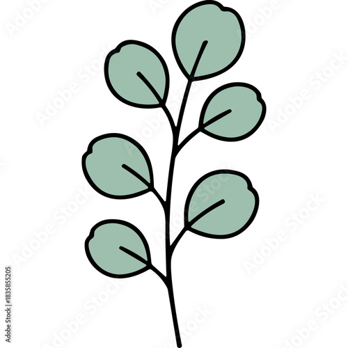 Stylized illustration of delicate green eucalyptus leaves on a thin stem against a stark black background symbolizing nature and simplicity