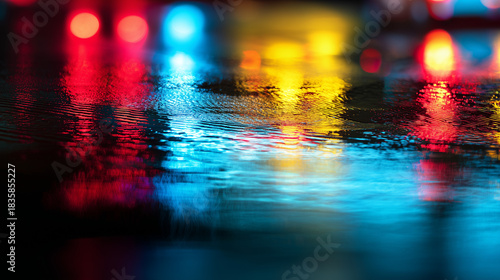 Close-up of emergency vehicle lights reflecting on wet pavement, creating a neon glow at night. mobility guides, transit brochures, designed for transport & logistics marketing.