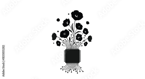 Digital growth represented by technology blooming into nature, symbolizing innovation.