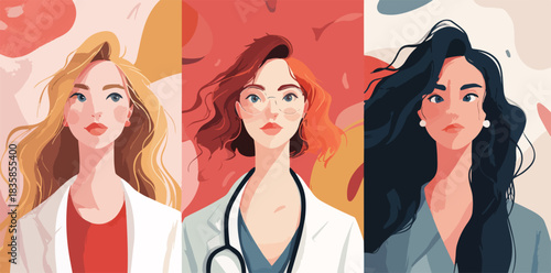 Diverse women in professional attire, representing healthcare and corporate roles, vector art.