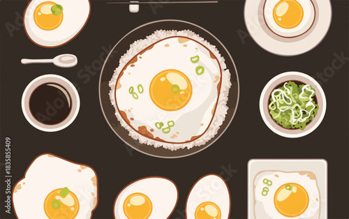 Flat lay illustration of various fried eggs and accompaniments on a dark surface, vector art.