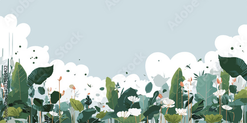 Stylized vector illustration of lush green foliage and delicate white flowers against a soft blue sky.