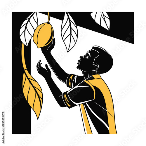 Silhouette illustration of a young man reaching up to pick a ripe, hanging fruit from a leafy tree branch, symbolizing harvest and agriculture in a graphic style