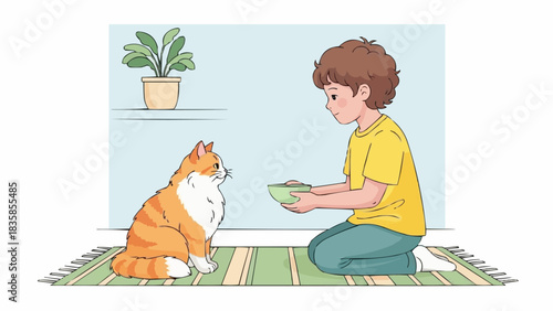 Young boy feeding his pet cat with a bowl of food.