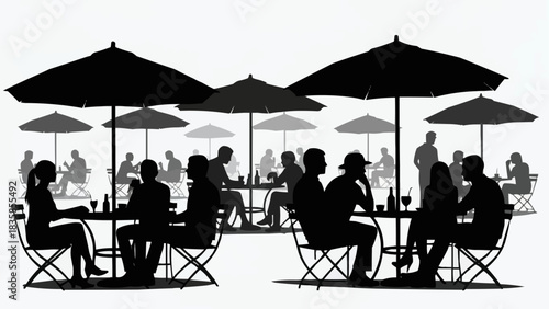 Outdoor cafe scene with people enjoying drinks and conversation under umbrellas.