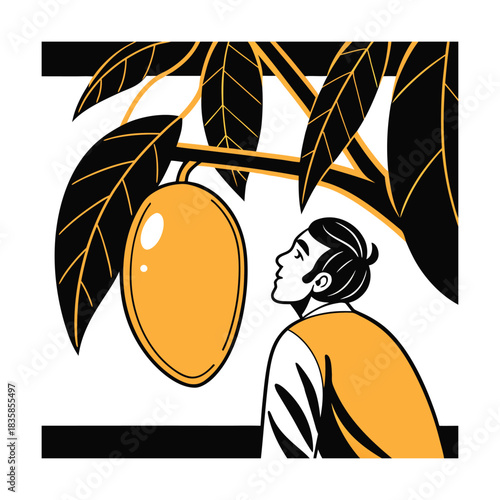 Man looking up at a large, ripe yellow mango hanging from a branch surrounded by dark leaves in a stylized illustration