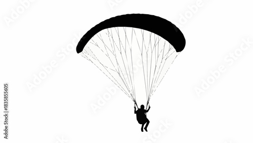 Silhouette of a paraglider descending against a white background.