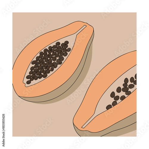 Minimalist illustration of two halves of a ripe papaya fruit showing orange flesh and black seeds against a muted beige background