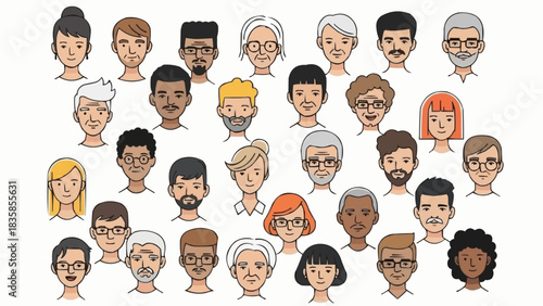 Diverse group of hand-drawn cartoon faces representing various ages and ethnicities.