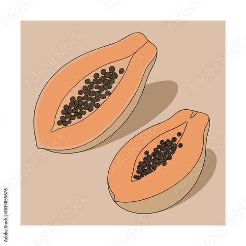Illustration of two halves of ripe papaya fruit showing orange flesh and black seeds against a neutral beige background, vector drawing
