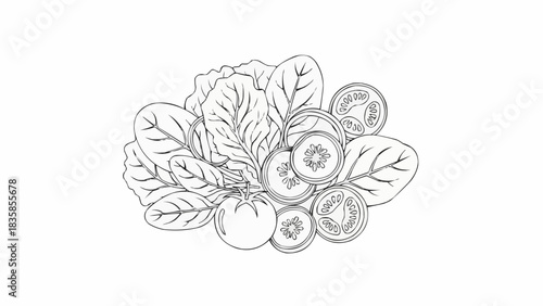 Hand drawn sketch of fresh salad ingredients illustration.