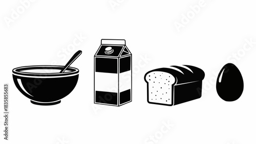 Breakfast Essentials - Cereal Bowl, Milk Carton, Bread Loaf, and Egg.