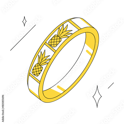 Charming yellow gold ring featuring a repeating pattern of stylized pineapples set in white enamel squares, isolated on