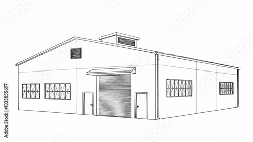 Line Art Depiction of a Warehouse Building with Doors and Windows.