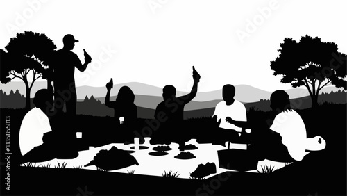 Friends enjoying a picnic outdoors with drinks.