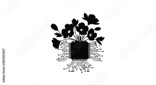 Blooming circuit board with delicate flowers symbolizing nature and technology integration