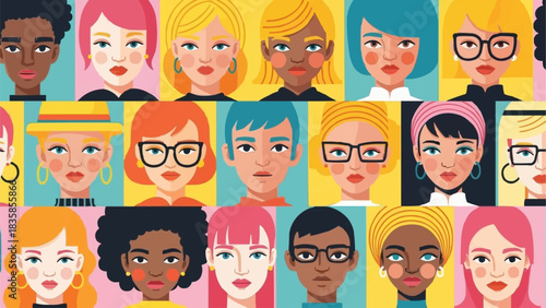 Colorful grid of diverse multicultural women faces illustration.