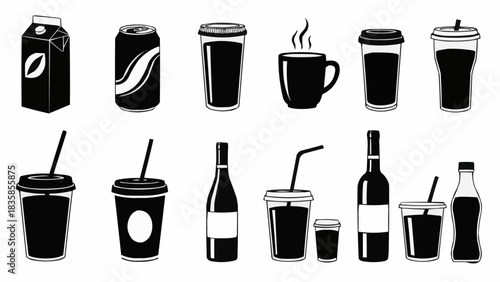 Monochrome vector icon set of various drink containers.