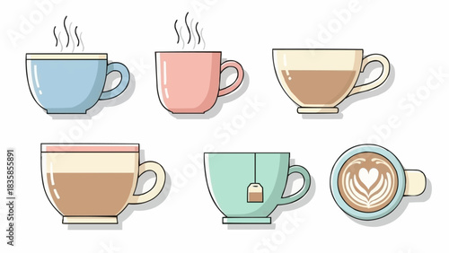 Collection of six different hot beverages in cups and mugs.