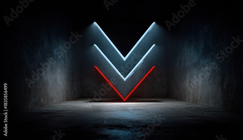 A minimalist room with a neon blue & red arrow-like glow on textured walls