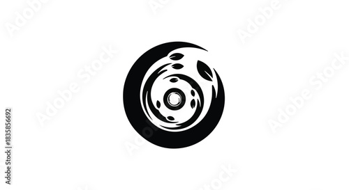Abstract swirling black and white circular design with organic elements