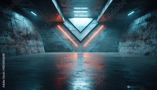 Futuristic concrete room with neon lights forming a downward V