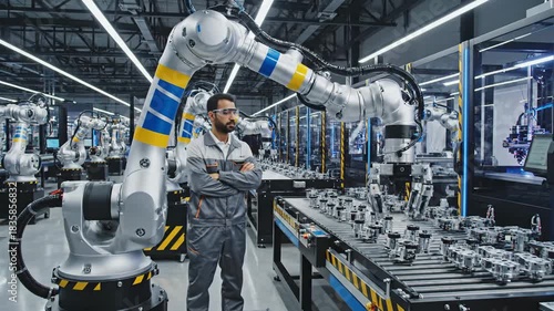 Automated Manufacturing - Precision Robotics and Human Oversight in Modern Industry.