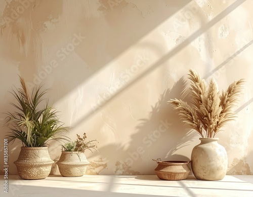 Warm light streams on plants and pots near textured wall