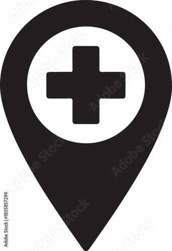 Black medical location marker icon displaying a white plus symbol