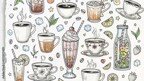 Hand-drawn collection of various hot and cold beverages in different cups and glasses.