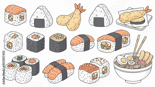 Assorted Japanese Cuisine - Sushi, Tempura, Onigiri, and Ramen.