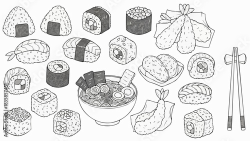 Japanese Cuisine Illustration - A Detailed Monochrome Sketch of Sushi and Ramen.
