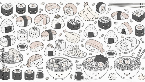 Adorable Hand Drawn Sushi and Ramen Collection.
