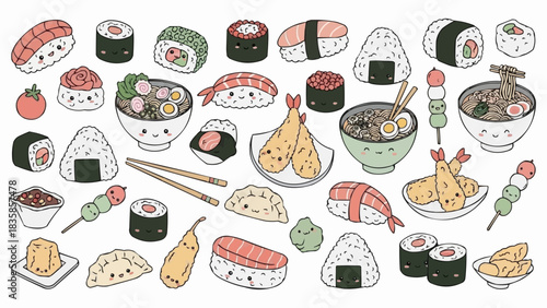 Cute Kawaii Japanese Food Collection Illustration.