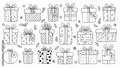 Collection of Hand Drawn Gift Boxes with Ribbons and Bows.