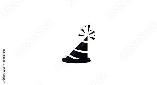 Whimsical party hat with celebratory confetti bursts against a clean white background