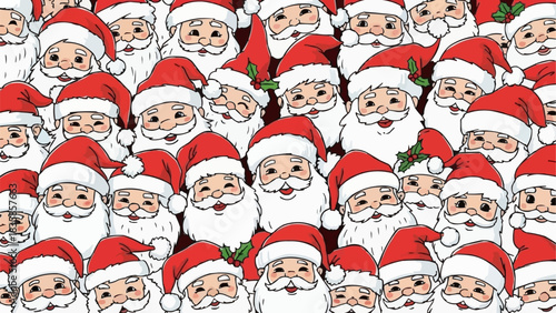 Many Santa Claus faces in a festive Christmas pattern.