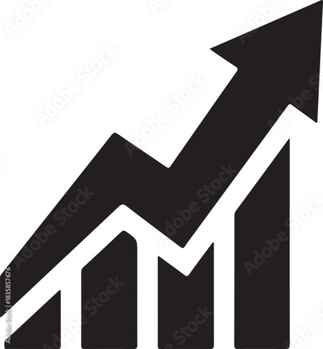Black arrow pointing upwards over a bar graph representing growth